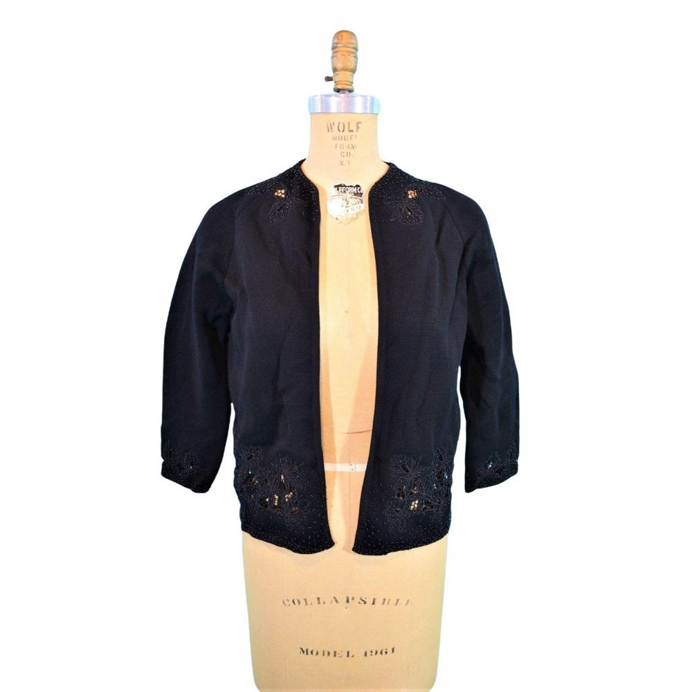 Vintage 60s Cardigan Jeri-Jo Wool Beaded Cut Work 1960s Sweater | B 37"